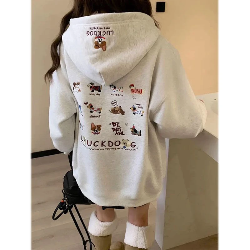 校园风可爱小狗刺绣连帽卫衣女秋冬加绒高级感软糯休闲宽松外套薄