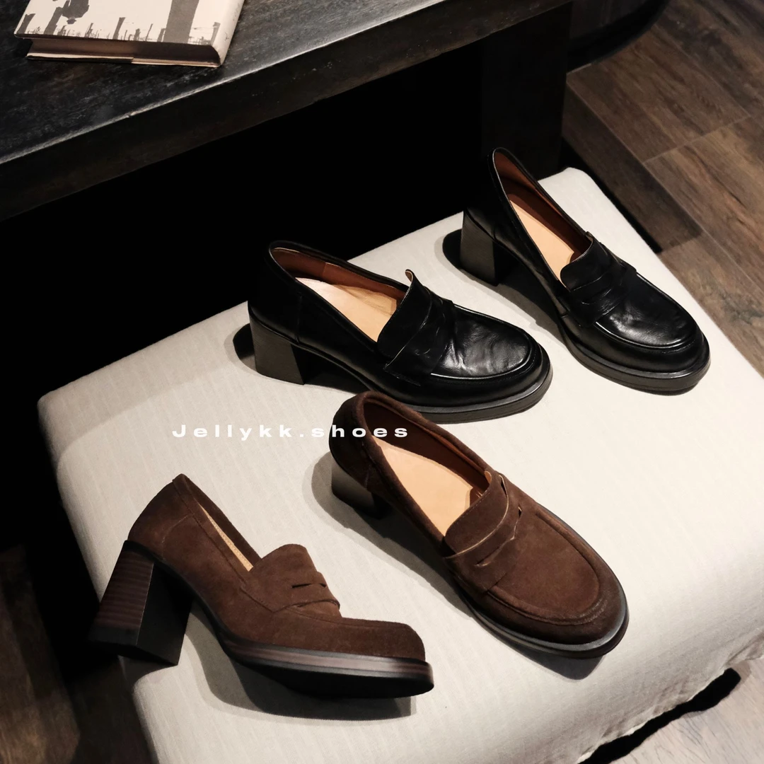 【Jellykk】3/5/7cm复古休闲百搭粗跟圆头极简真皮软底增高乐福鞋
