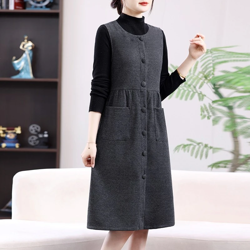 春季新款无袖人字纹提花呢料简约气质轻奢时尚休闲马甲裙