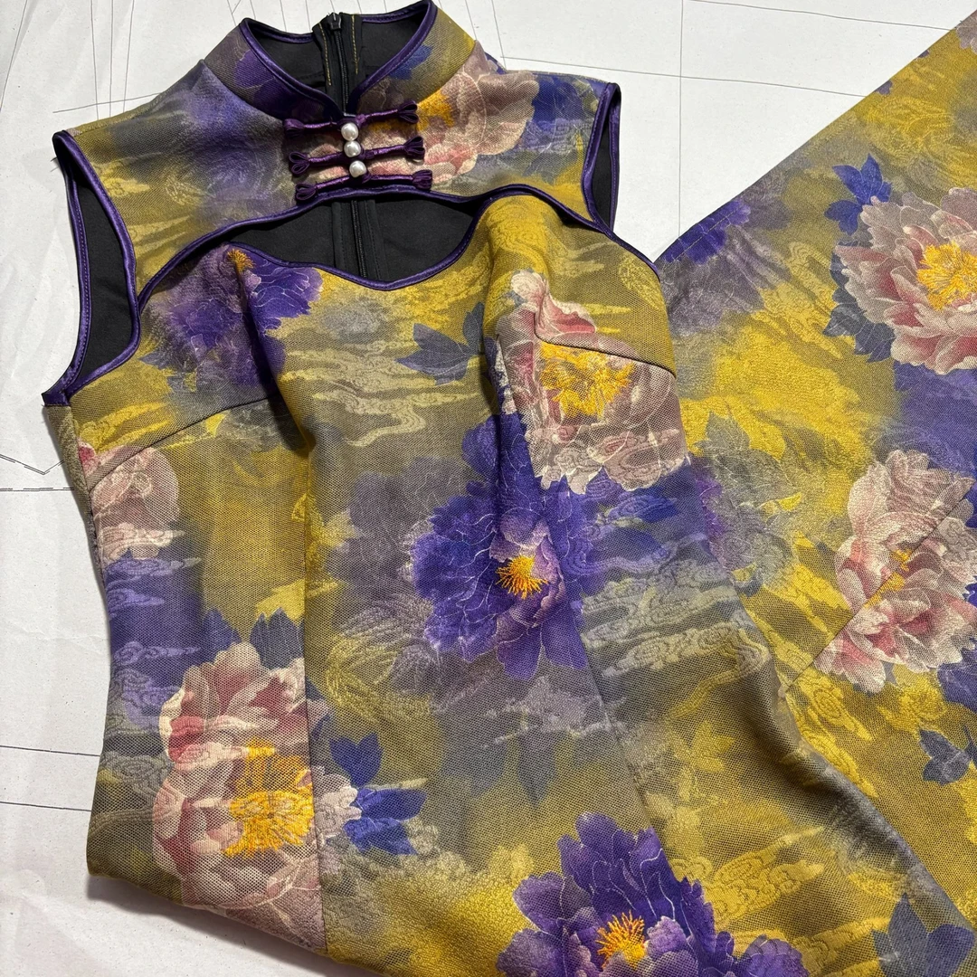 LHMknk1画报夫人原创自制秋冬复古紫色花旗袍  紫秋牡丹