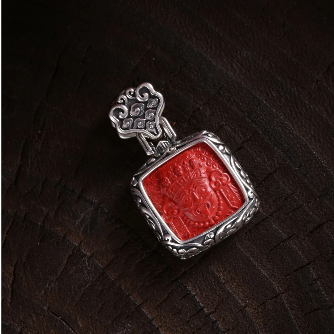 含辰砂工艺品M7473＜非晚＞s925银方形朱砂扎基拉姆做旧吊坠