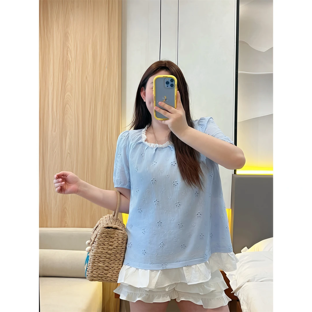 娇娇韩女 /宽松别致法式洋气镂空小衫14951花契大码200斤胖mm宽松