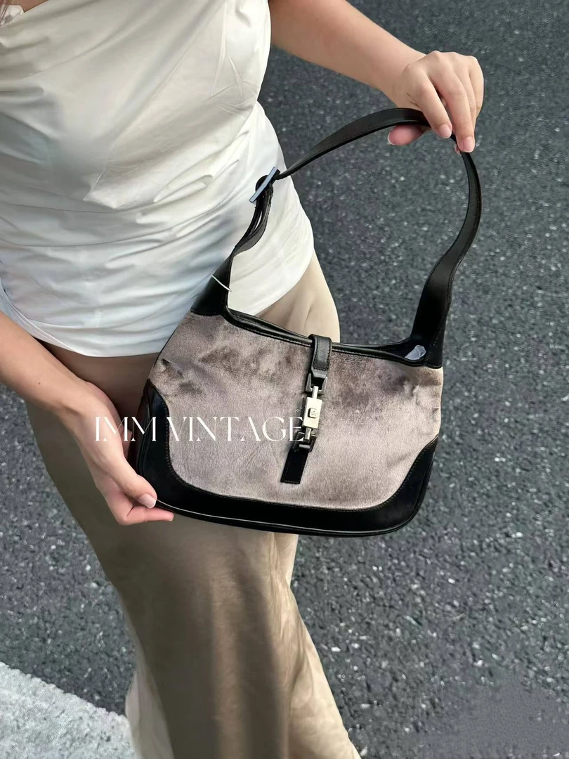 95新 GUCCI/古驰 vintage Jackie1961丝绒拼皮手提单肩包