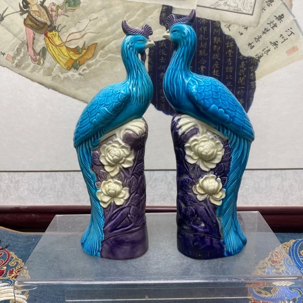 创汇孔雀蓝釉凤凰摆件一对/老物件/收藏/KC20241227016