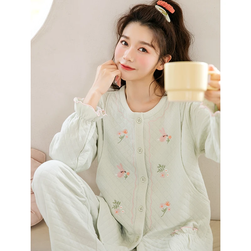 家时光月子服纯棉秋冬产后哺乳服空气棉孕妇睡衣怀孕期家居服5203