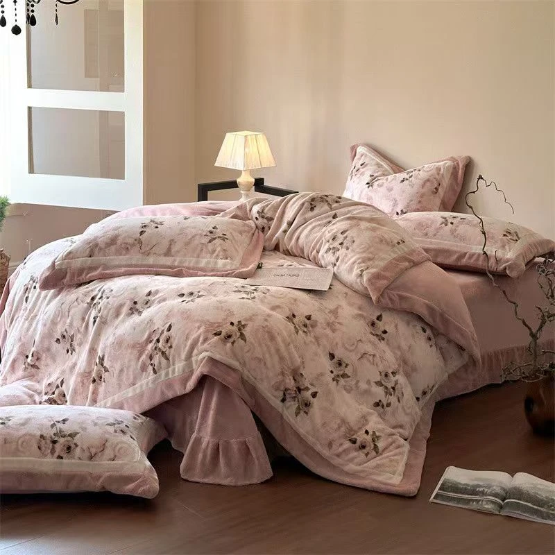 10斤A类慕斯绒美式復古加厚冬季保暖牛奶绒被套床单四件套抗静电