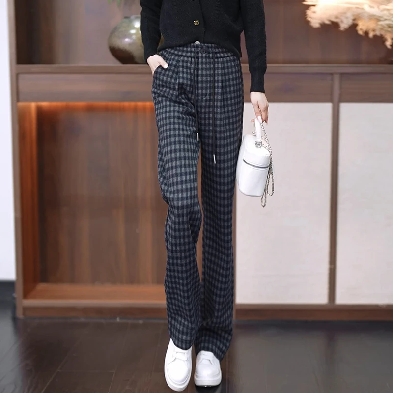2025秋冬新款加绒保暖格纹阔腿裤休闲百搭格子高腰宽松显瘦直筒裤