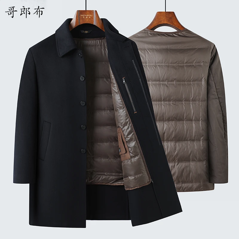 新品上新商场同款男士高端翻领暗扣中长款双面羊毛大衣羽绒胆2563