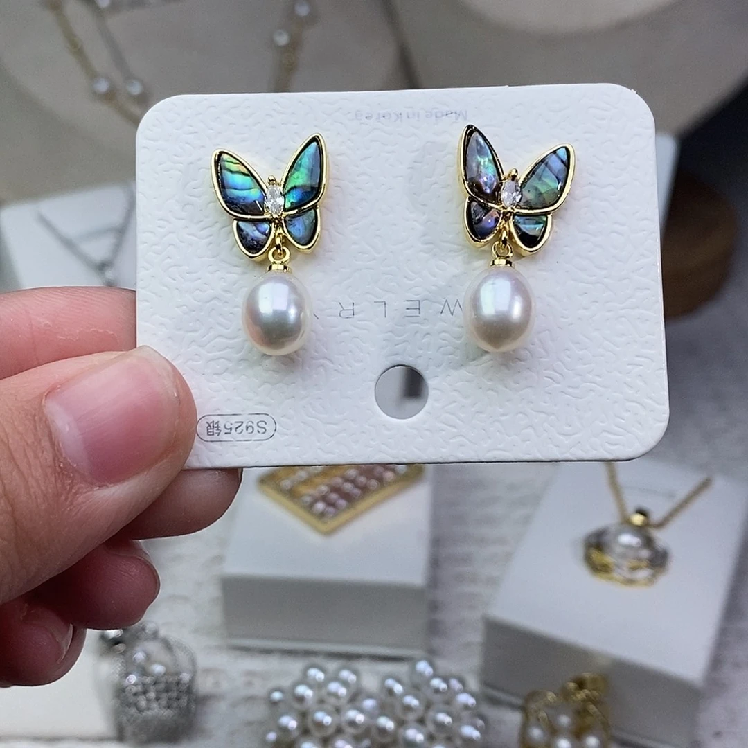 耳饰银S925镶嵌淡水珍珠