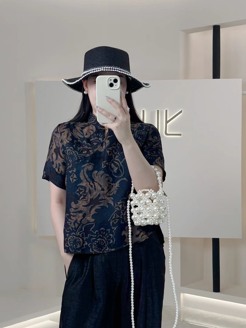 青花瓷真丝花萝红云纱满身罗孔斜襟国风上衣中式气质桑蚕丝旗袍