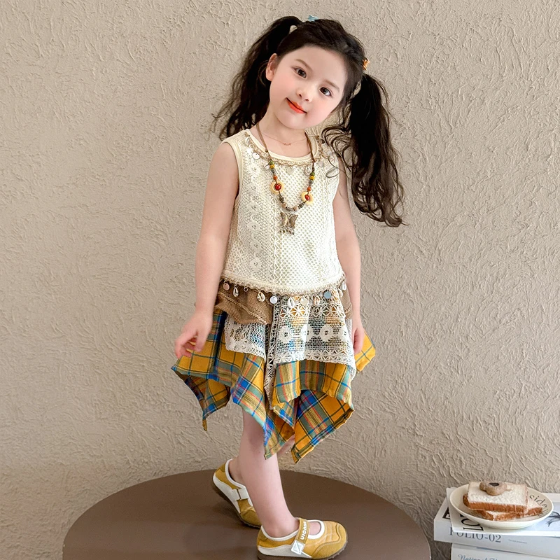 女童无袖半身套装夏款波西米亚镂空背心不规则女童女童夏装套装