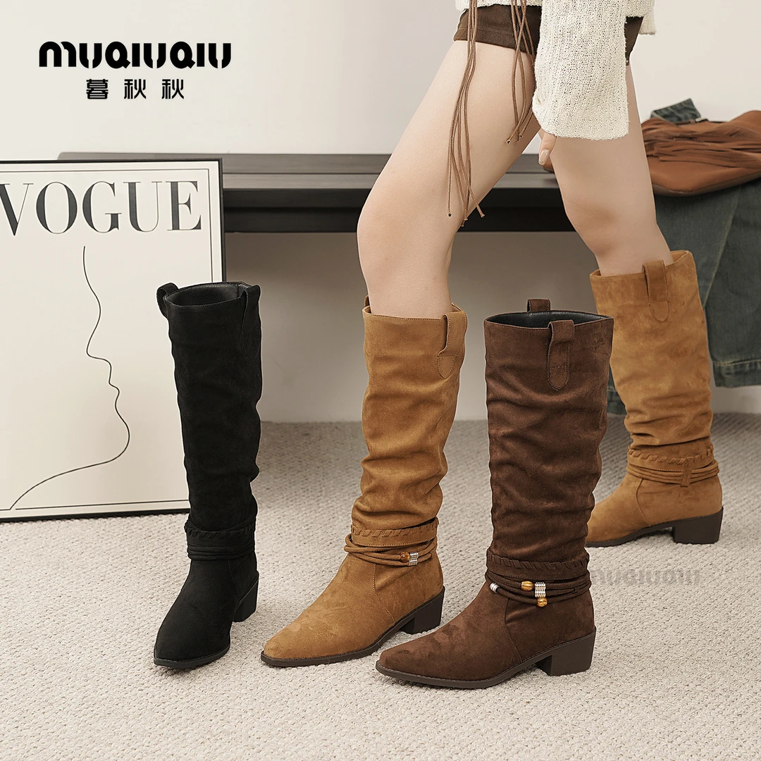 暮秋秋2025秋季新款时装靴百搭复古尖头高筒靴辣妹穿搭沙丘废土风
