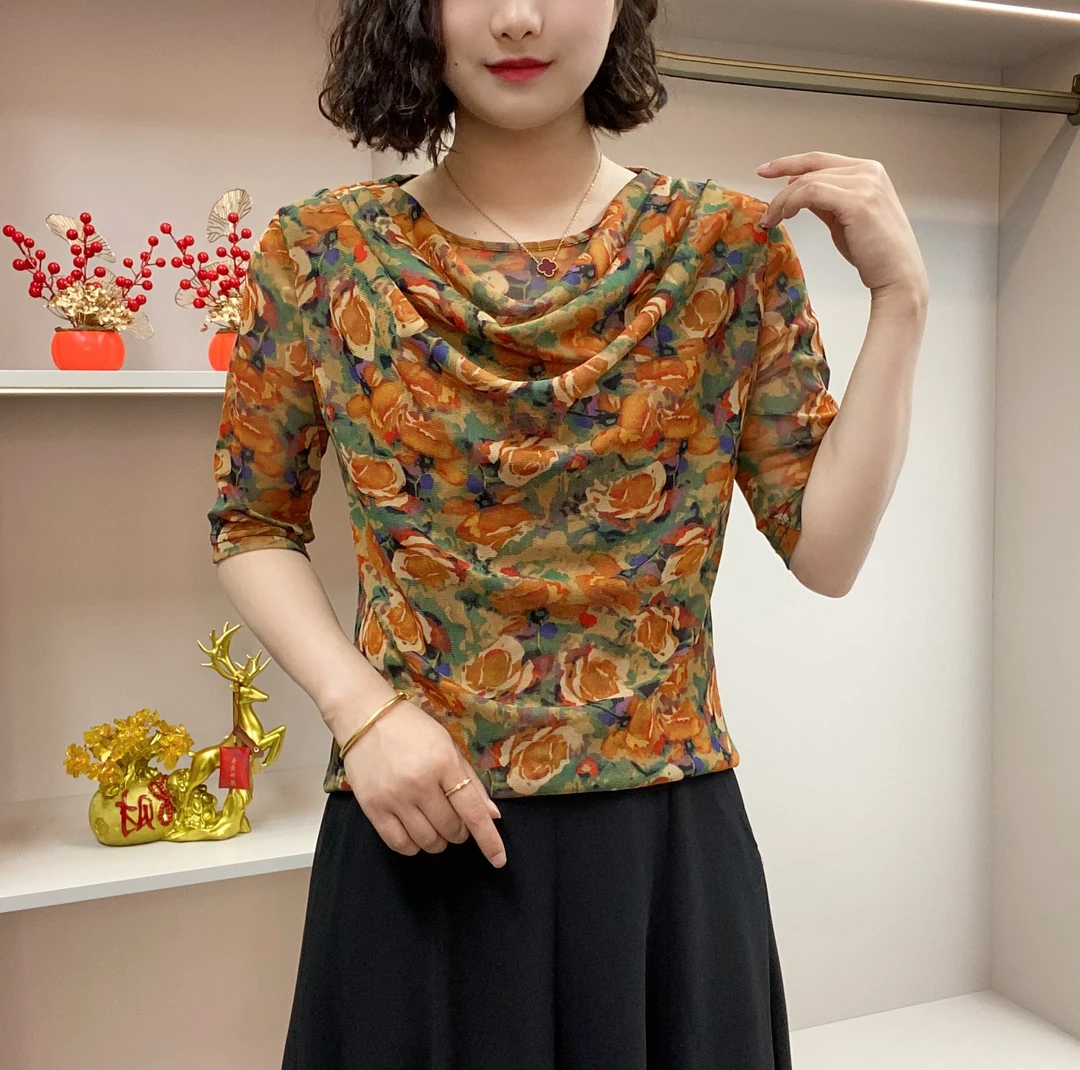 2025夏季新款时尚碎花堆堆领中袖设计小衫气质百搭妈妈装97555