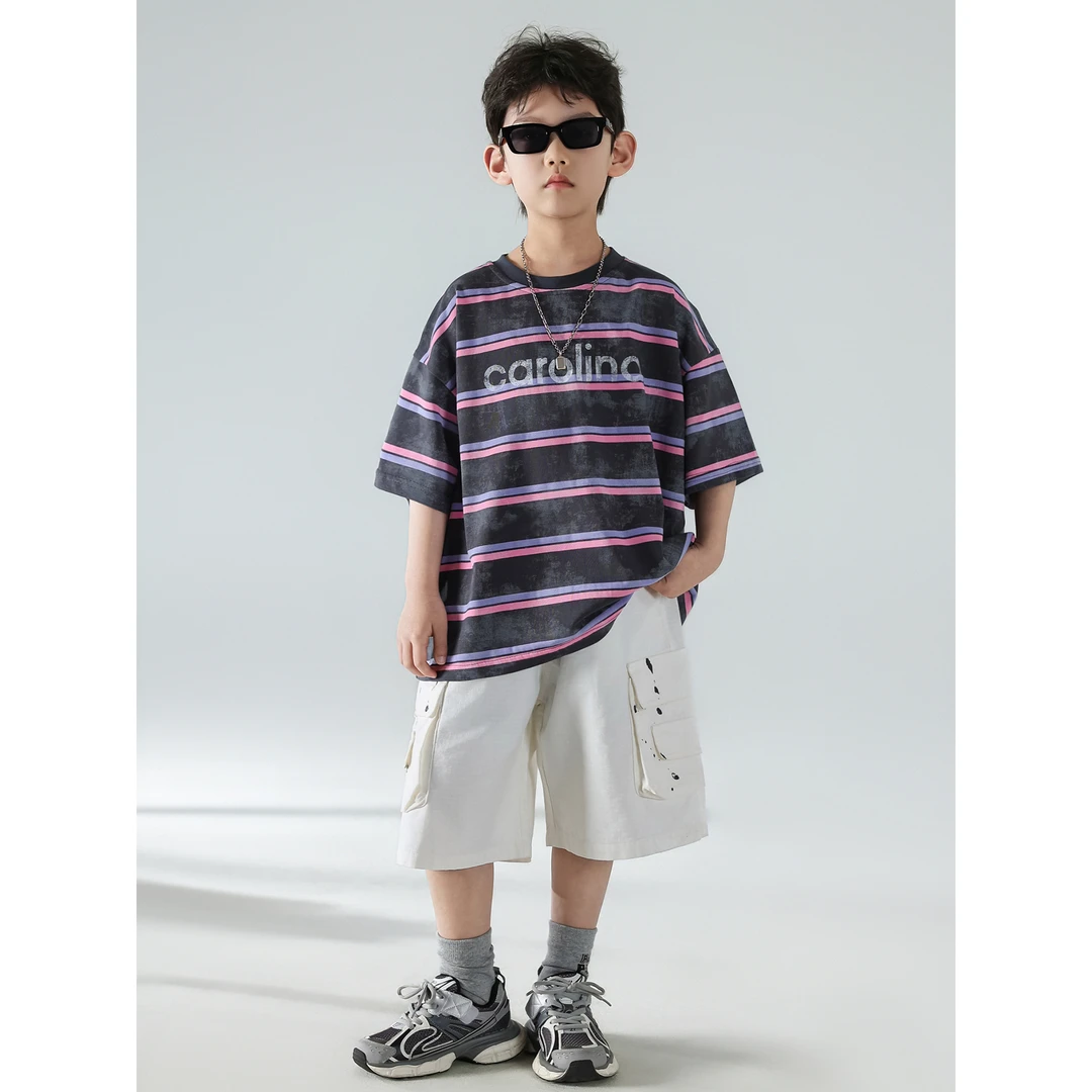 T雷西: M儿童夏季新款韩版潮流洋气时尚条纹短袖宝宝痞帅百搭T恤