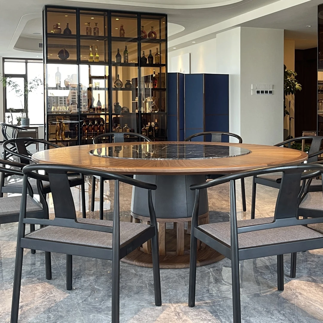 新中式电动圆桌组合现代简约实木酒店餐桌椅别墅会所包厢定制家具