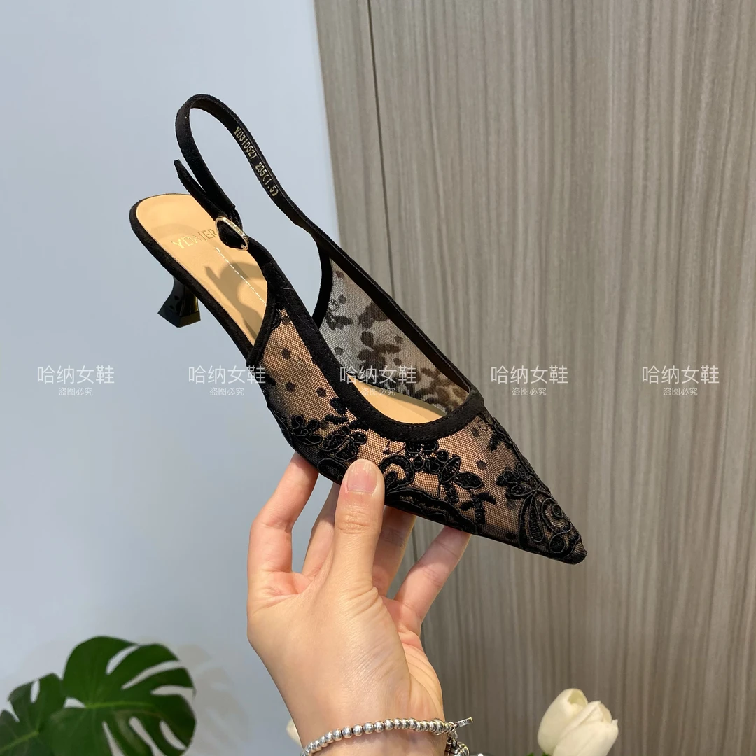 YD310527蕾丝高跟鞋女鞋单鞋时尚性感透气黑色浅口低跟高跟鞋