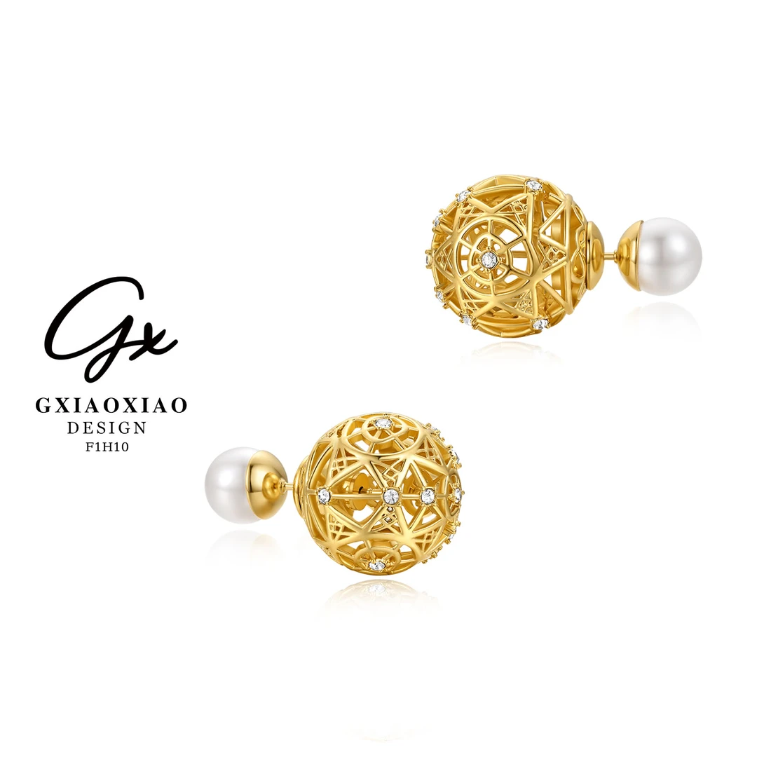 G XIAOXIAO 镀K金【镂空玫瑰】复古气质镂空圆球耳环 F1H10