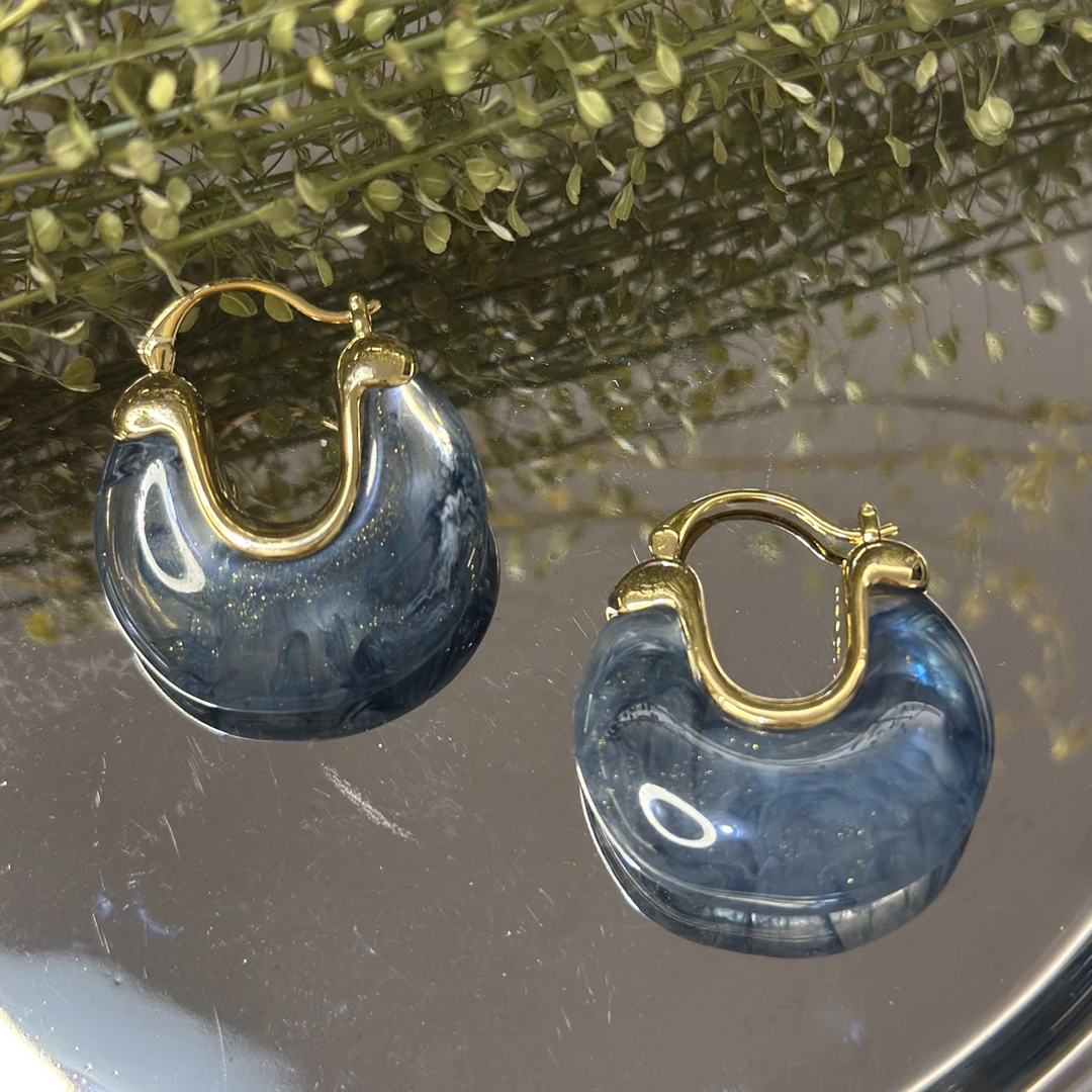 铜合金亚克力耳饰 日韩蓝色咖色甜美风金色耳环法式复古百搭时尚