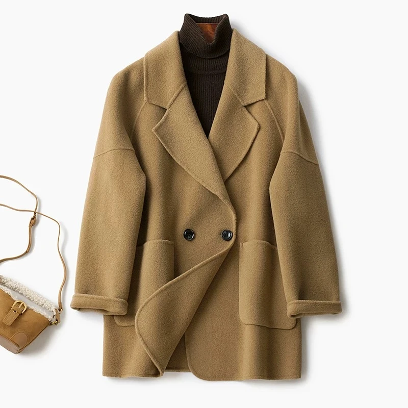 【独在】西装领中长款女双面呢羊毛大衣