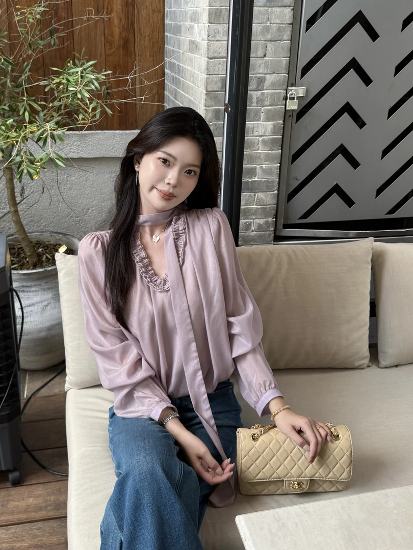 【紫藤花信】法式长袖立体木耳边飘带衬衫早秋宽松气质设计感上衣女