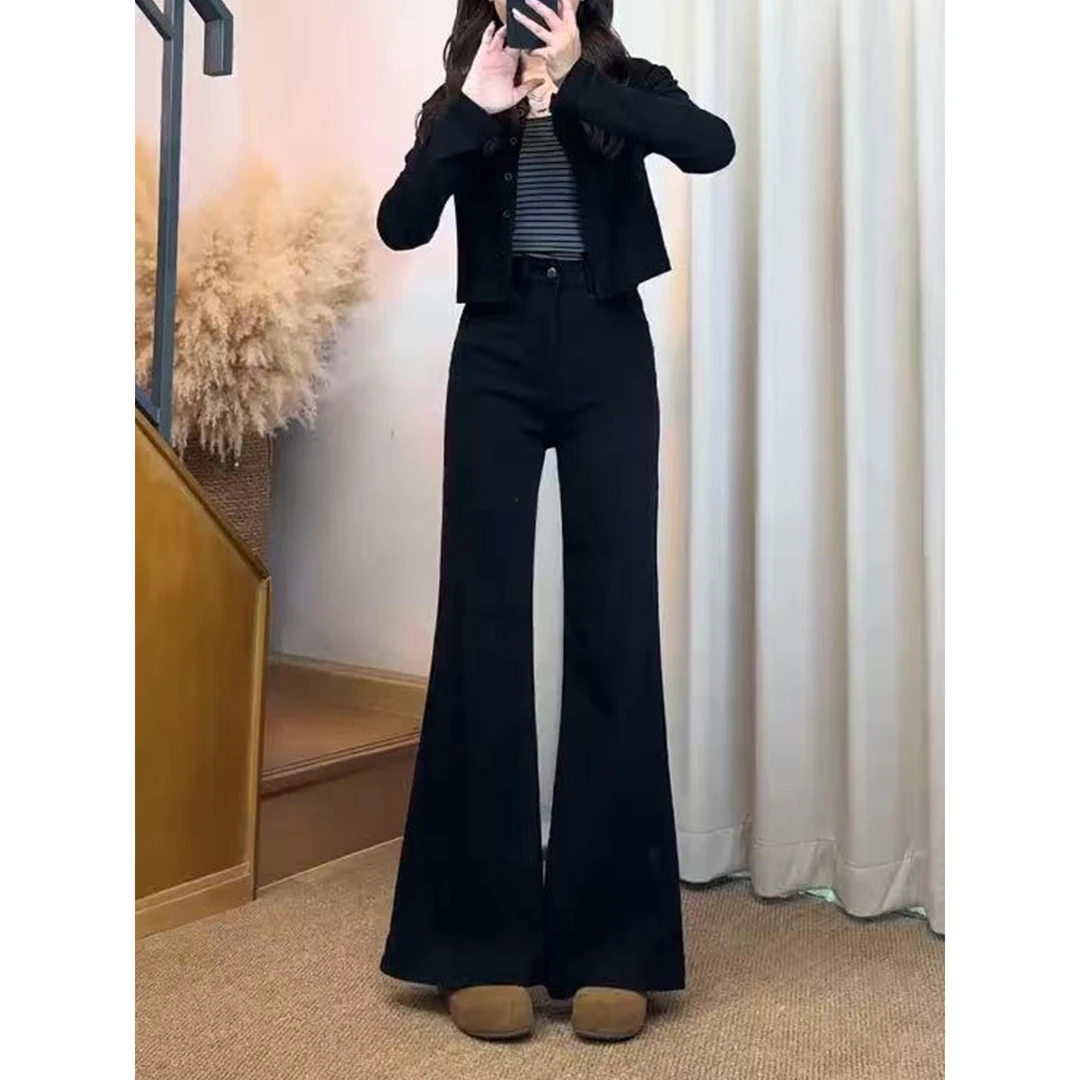 黑色微喇牛仔裤女秋季新款大码小个子高腰宽松显瘦百搭阔腿喇叭裤