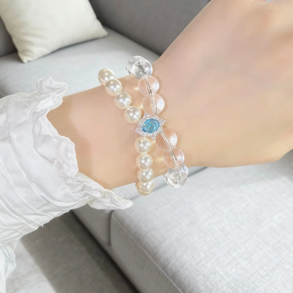 仿珍珠手链 手工编织施家珍珠水晶海蓝锆石手链双层叠戴手串8-10m