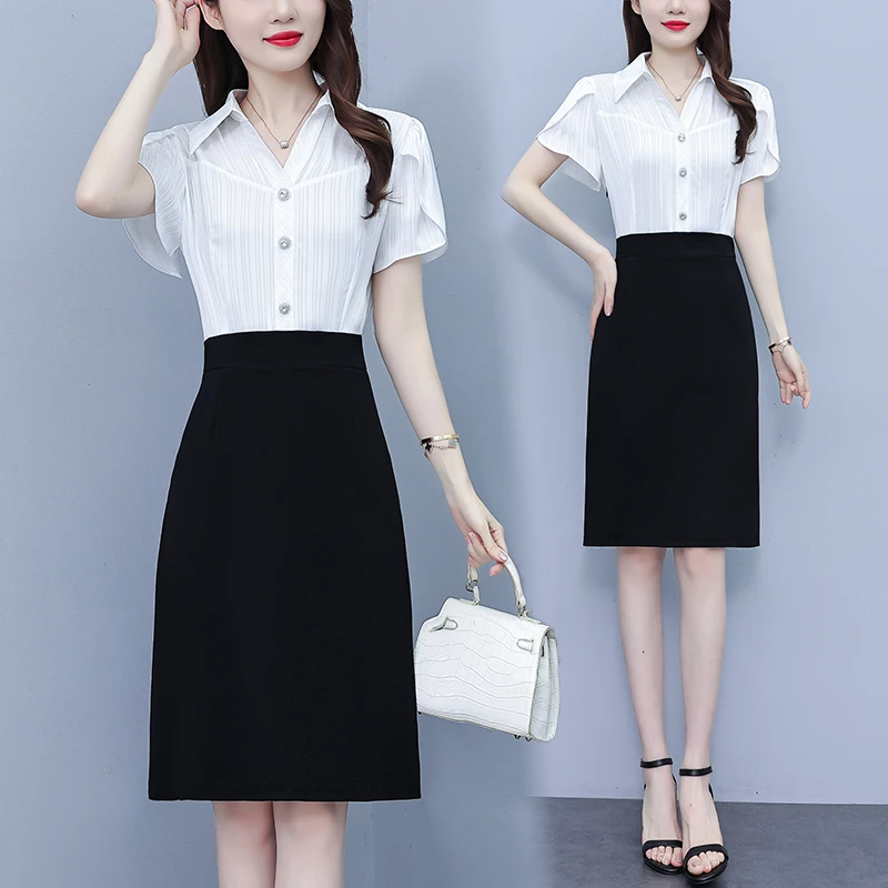 夏季新款短袖拼接假两件连衣裙大码女装显瘦裙子欧若风