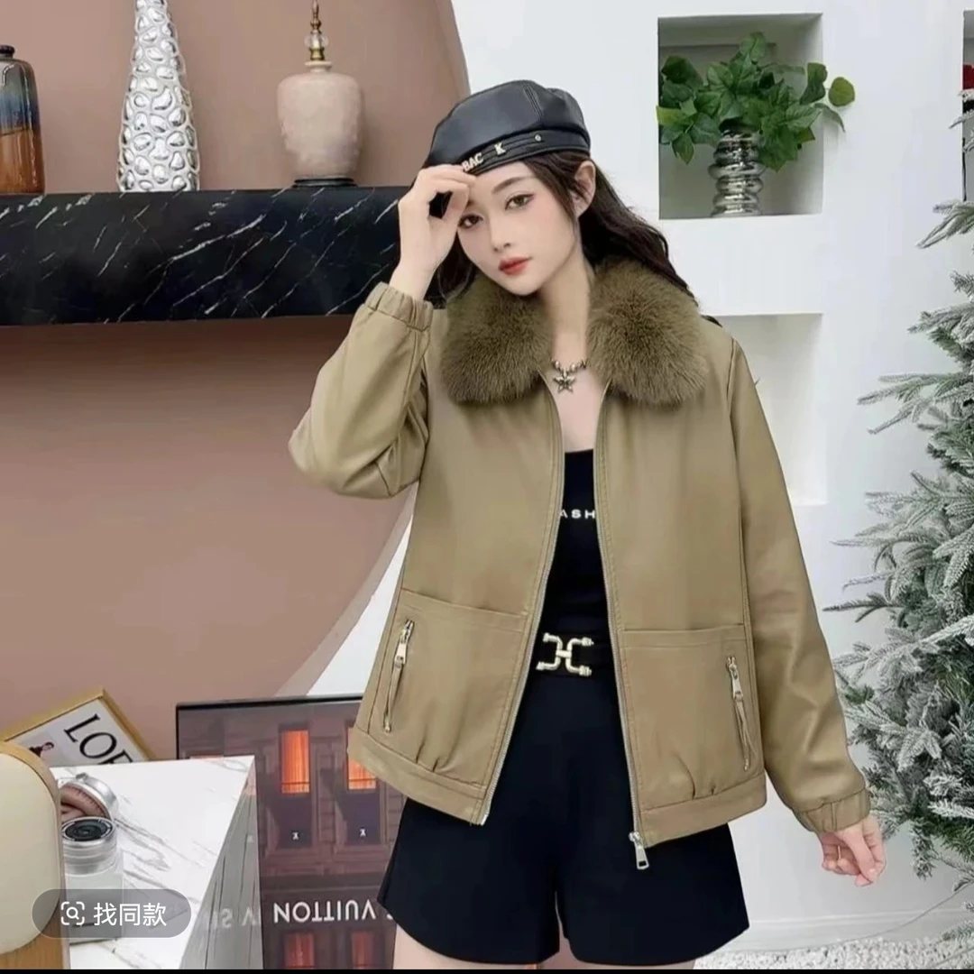 海宁皮衣外套女反季清仓加绒加厚秋冬季新款可拆卸毛领洋气皮衣