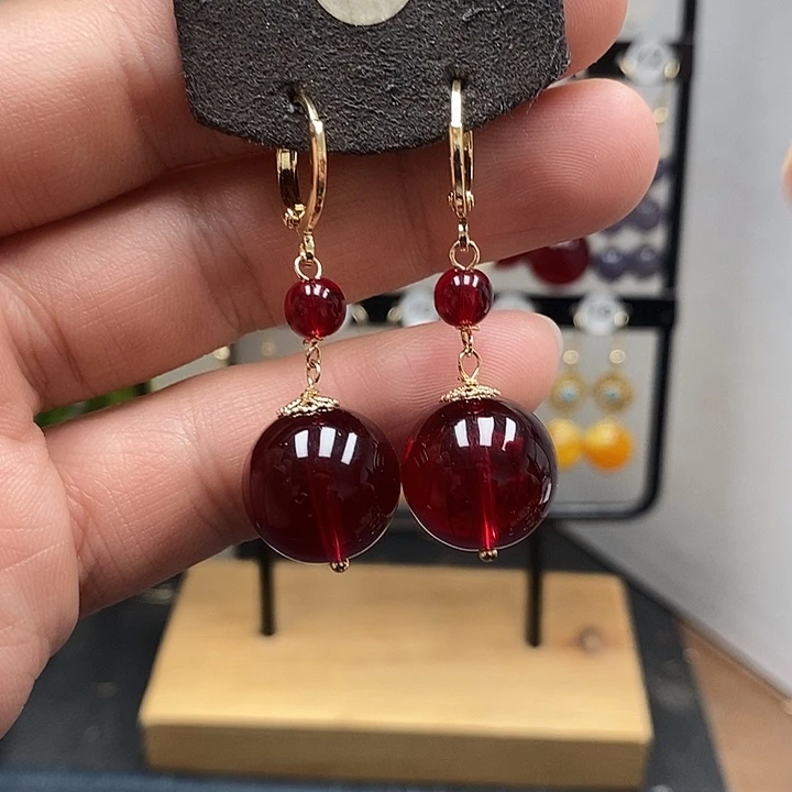 血珀银S925镀金镶嵌耳饰尺寸16mm