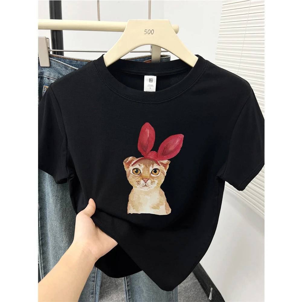 正肩短袖T恤女夏季新款猫咪印花独特气质遮肚子时尚圆领半袖上衣