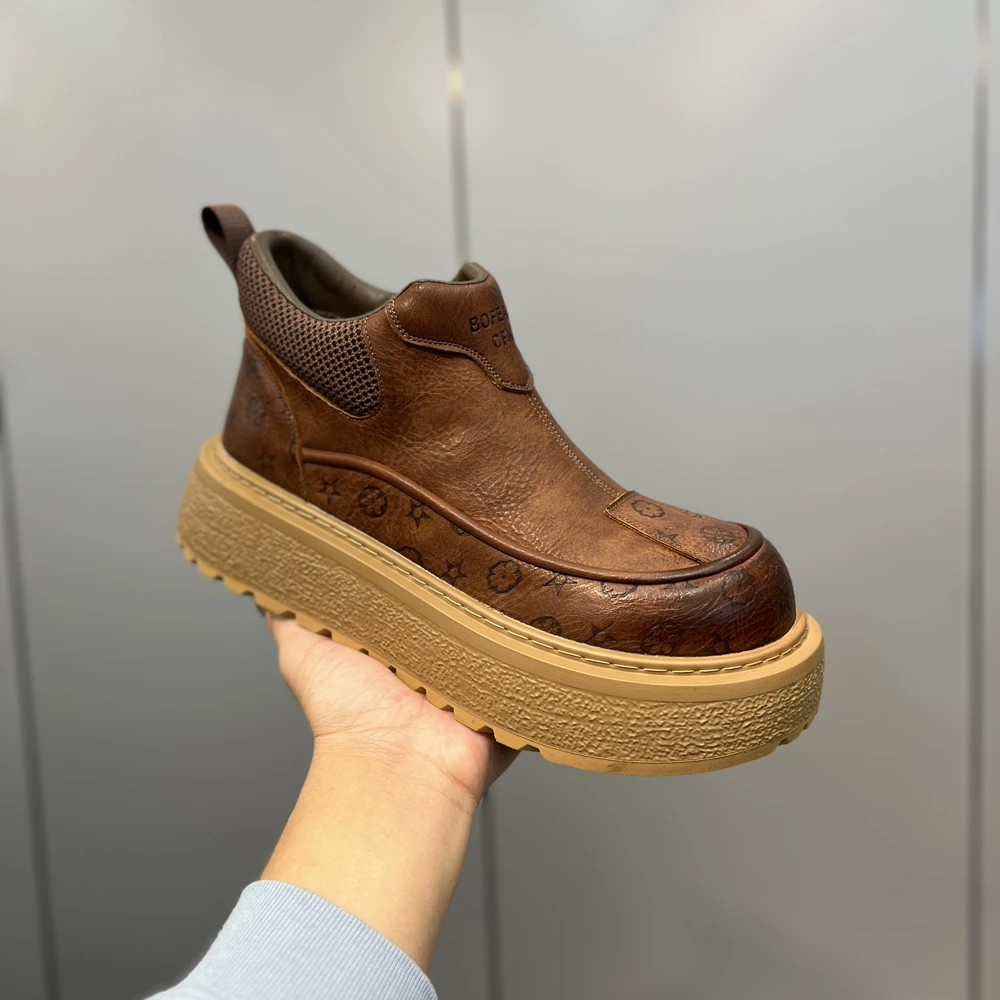 轻奢印花厚底增高英伦风高帮鞋一脚蹬舒适单棉同款保暖休闲鞋冬男