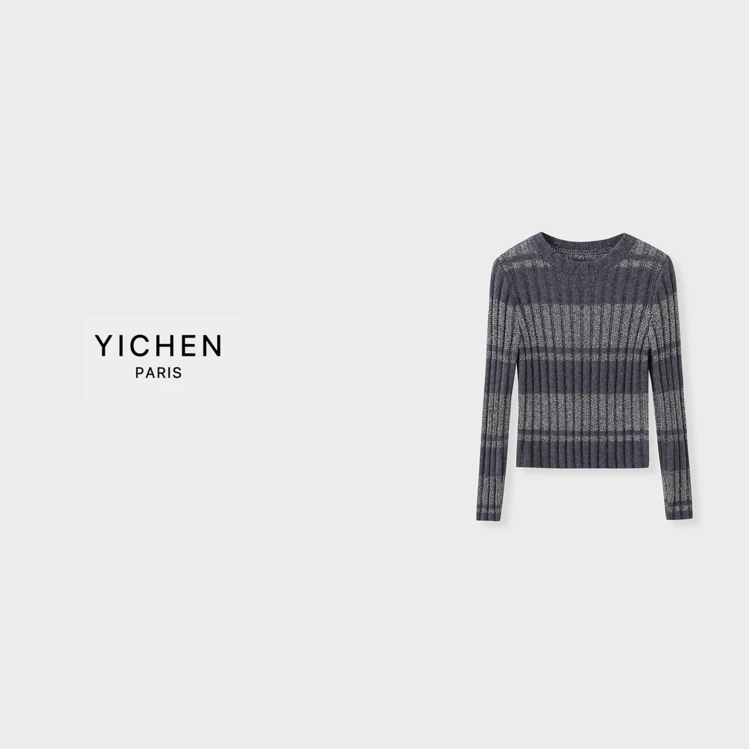 YC 银灰色条纹亮丝纱圆领修身针织毛衣-6067