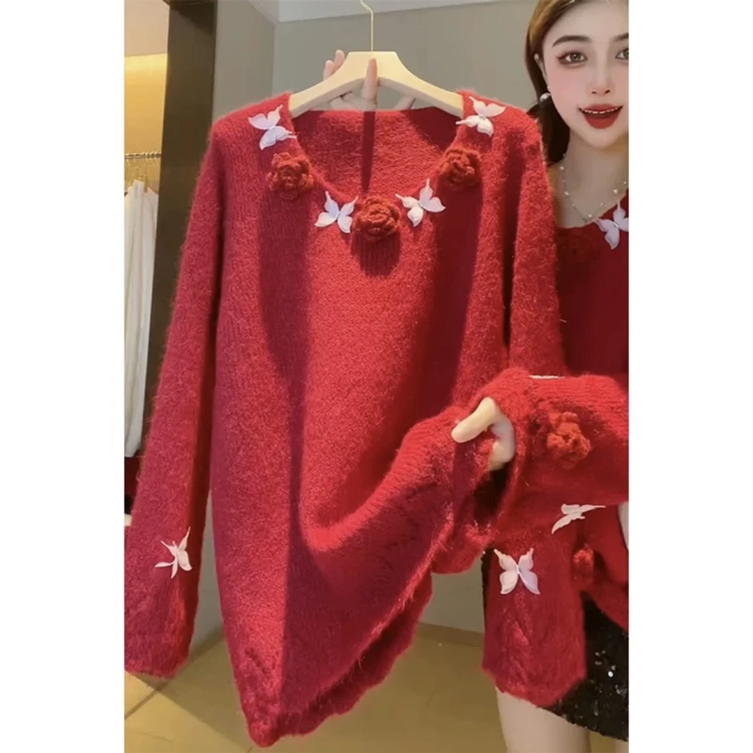 红色山茶花立体蝴蝶氛围设计感针织衫女冬季高级感慵懒风宽松毛衣