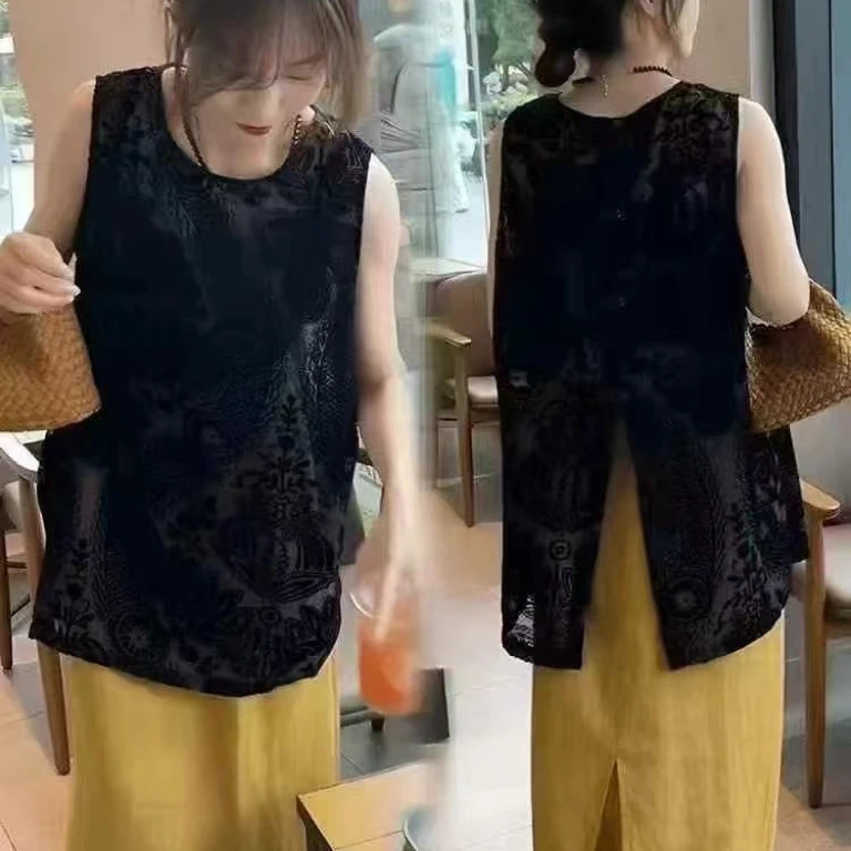 2025无袖开叉立体提花小衫女夏季新款洋气衣服黑色