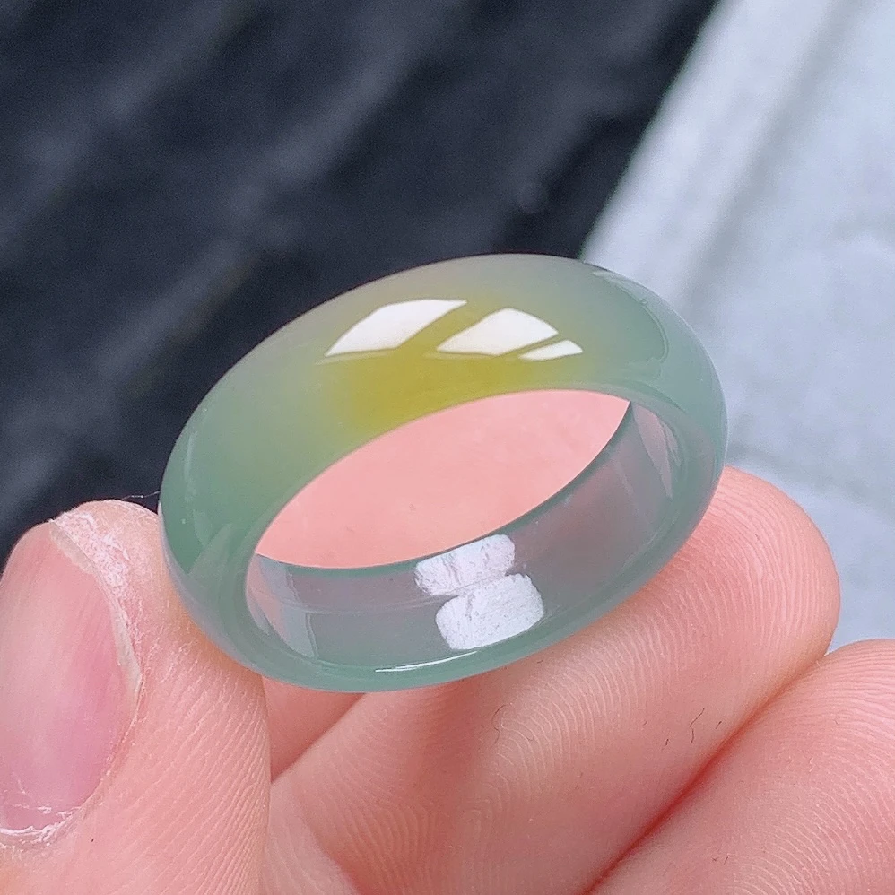 天然翡翠A货老坑冰种一口糖飘黄翡轮胎戒指18号圈口内径18.5mm&98