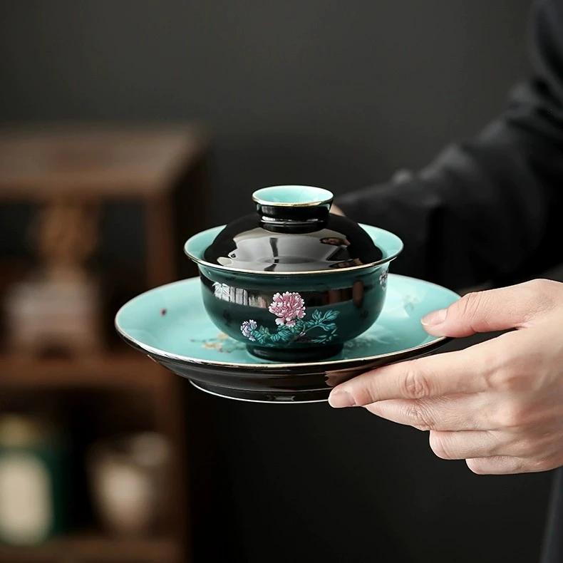 当代 松石绿三才布袋盖碗手工描金中式复古陶瓷防烫功夫泡茶茶具