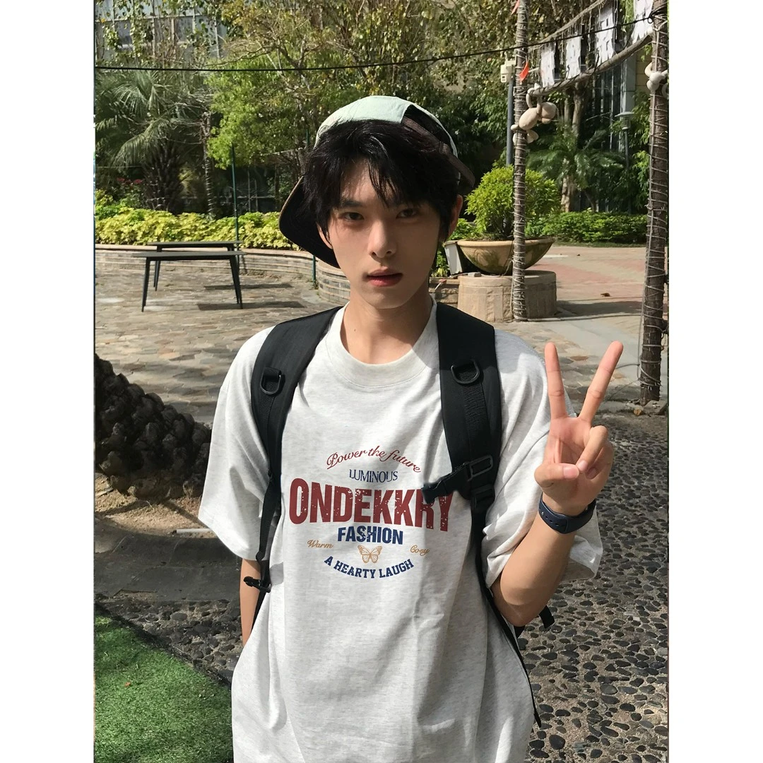 100%纯棉美式潮流设计感字母印花短袖t恤男女夏季休闲情侣款上衣