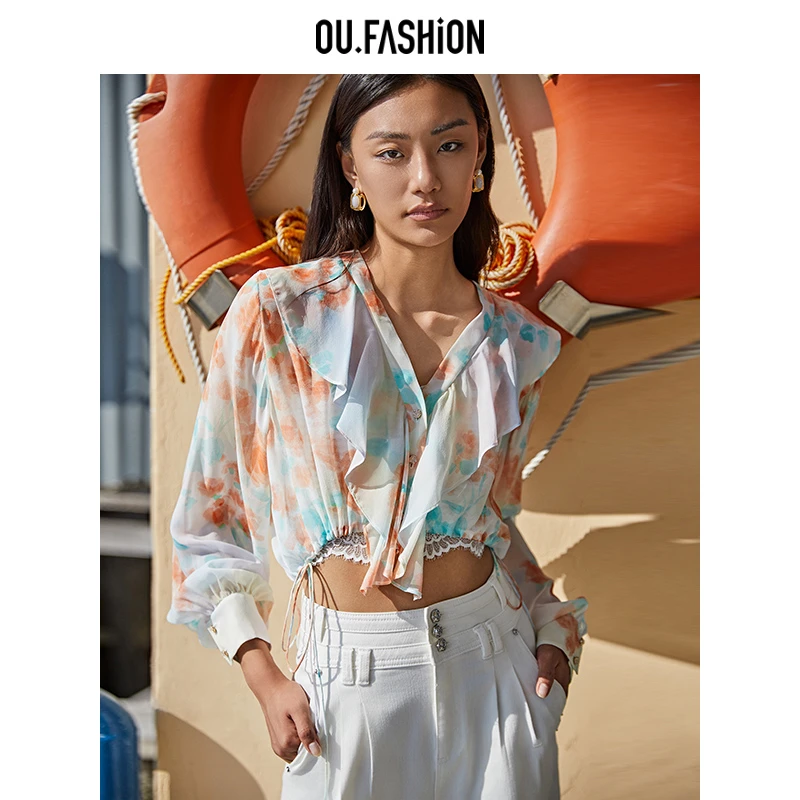 OU.FASHION/欧点碎花桑蚕丝长袖衬衫女荷叶领上衣1032410294