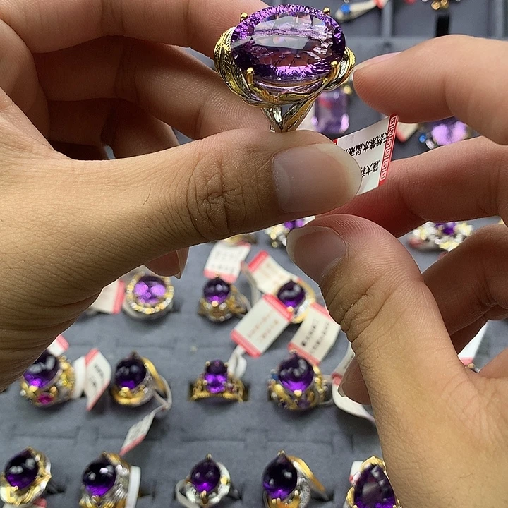 银S925镀金镶嵌戒指水晶
