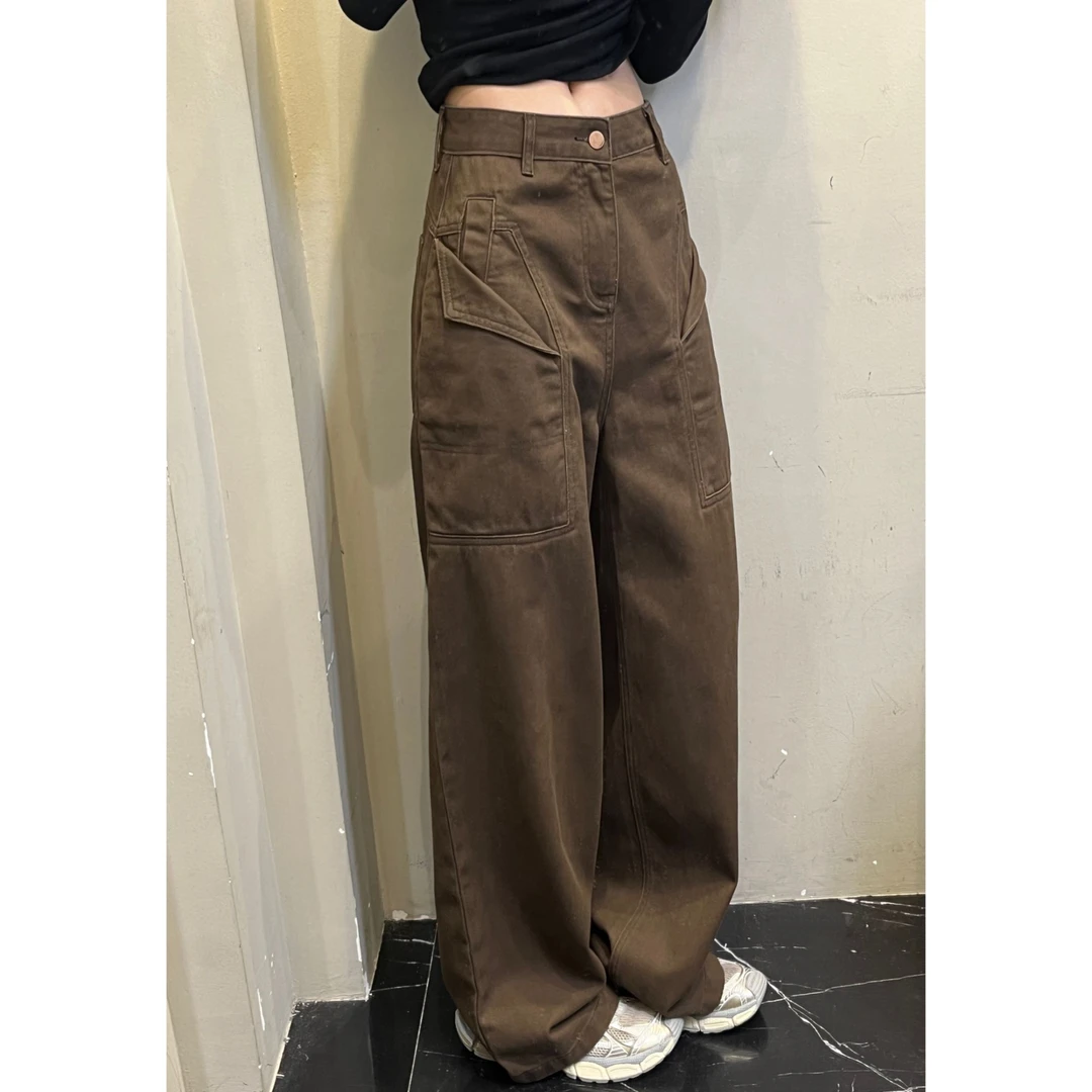 凡Fan【口袋翻边】美式甜酷设计感工装裤秋冬抓绒百搭拖地裤