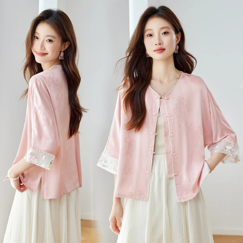 新中式国风外套女夏季薄款高级感复古提花七分袖开衫外搭上衣