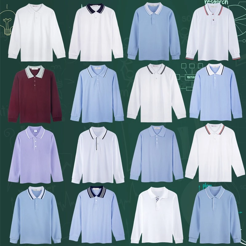 中小学白色校服polo衫翻领长袖春秋优质棉儿童t恤男女打底衫加绒