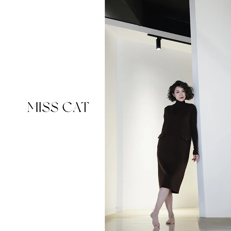 FELINE早呀猫小姐咖色羊毛法式优雅直筒无袖连衣裙马甲背心秋冬