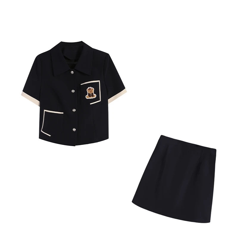 藏青色上衣+短裙两件套ZL107688套装黑色学院风短袖休闲