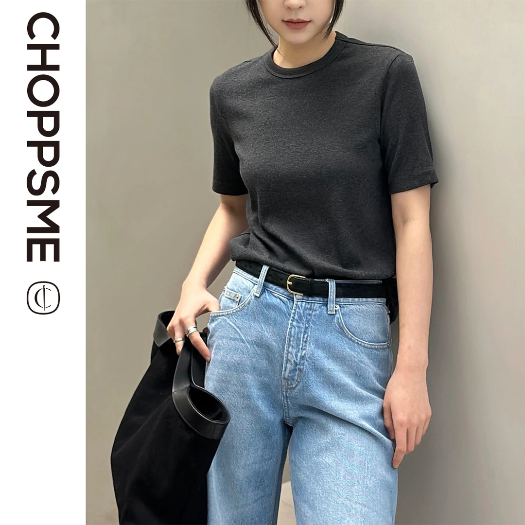 巧珀思｜21797精细罗纹弹力针织氨棉修身显瘦净色百搭圆领短袖T恤