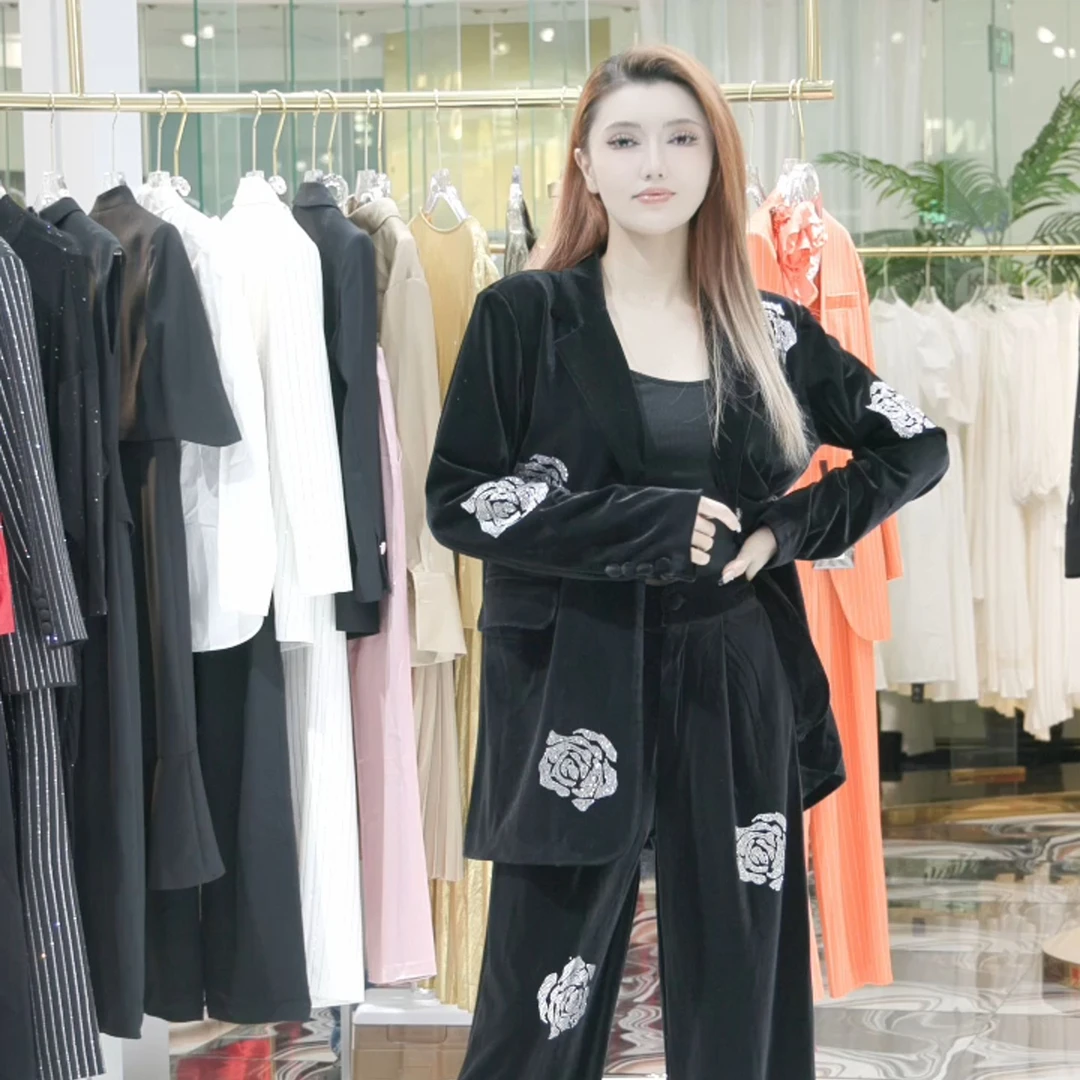 KMDIL春季新款金丝绒烫钻西装套装高级感贵气重工洋气气质034