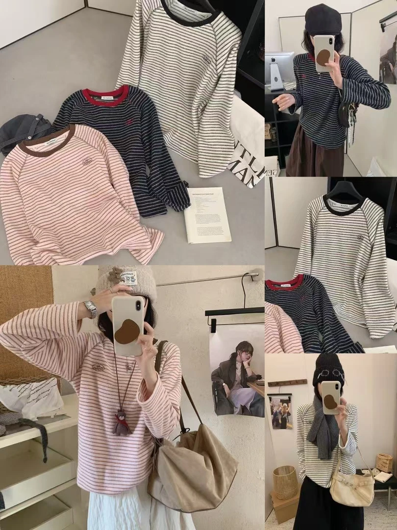 女圆领常规款条纹长袖落肩袖T恤休闲百搭套头秋冬