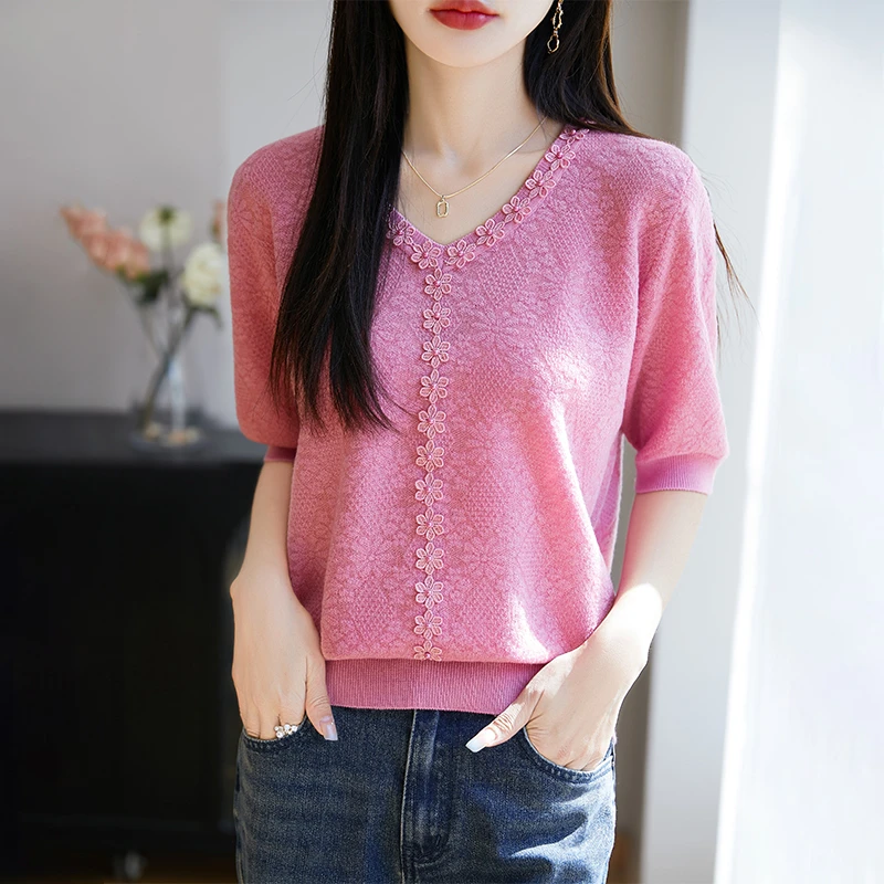 时尚品牌女装2025夏季新款纯色V领钉珠小花针织短袖女时尚洋气