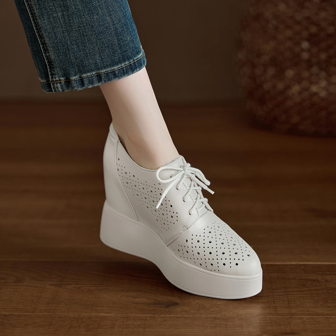 小个子增高10cm女士内增高小皮鞋真皮系带坡跟单鞋透气镂空休闲鞋