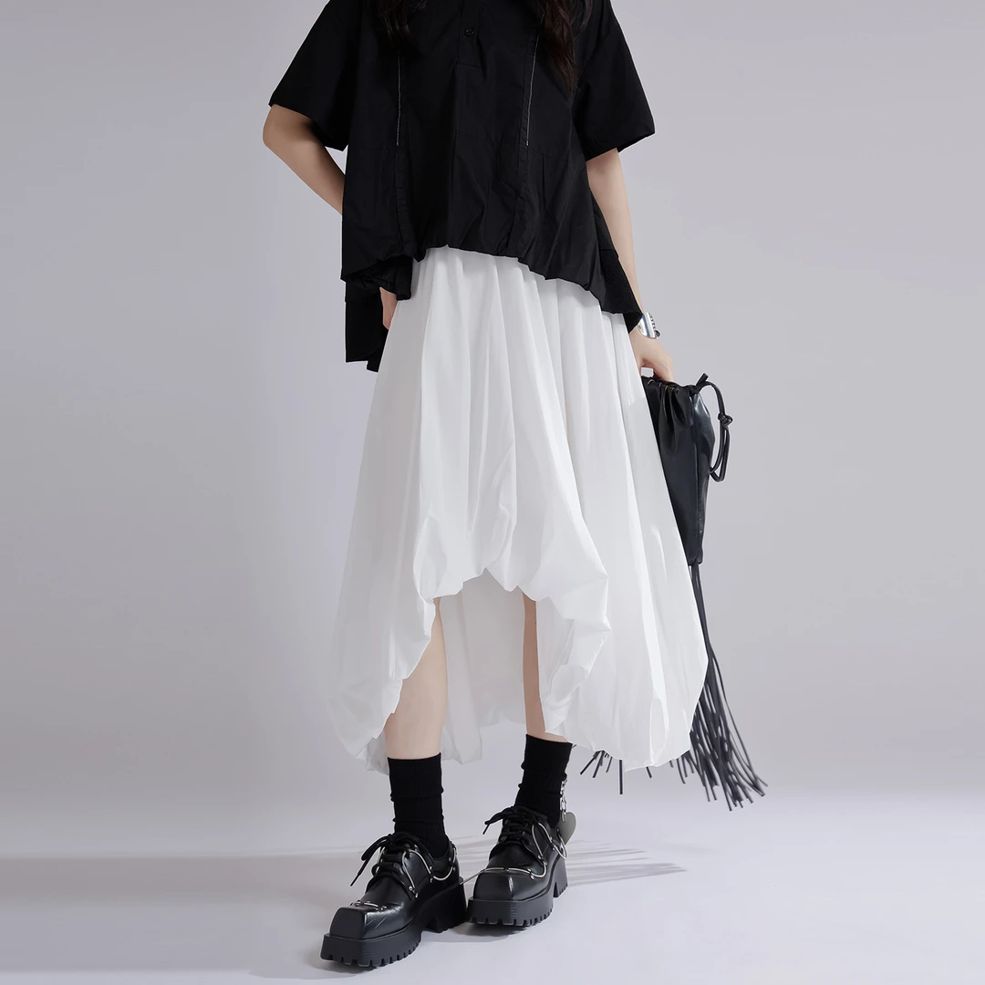 白色花苞裙2025夏季中长款不规则小众设计A字蓬蓬裙泡泡半身裙女